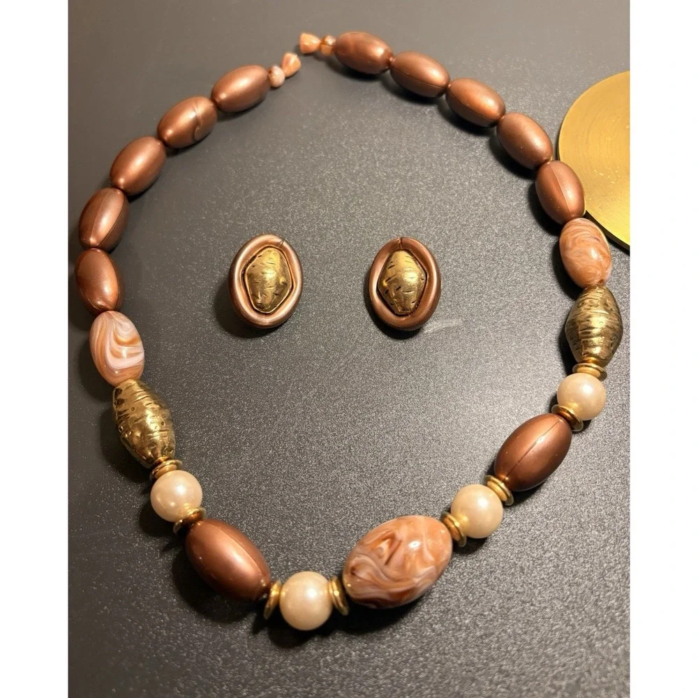 Beautiful Mauve, Pearl, Marble and Gold Tone Beads Necklace w/ Large Clip Ear